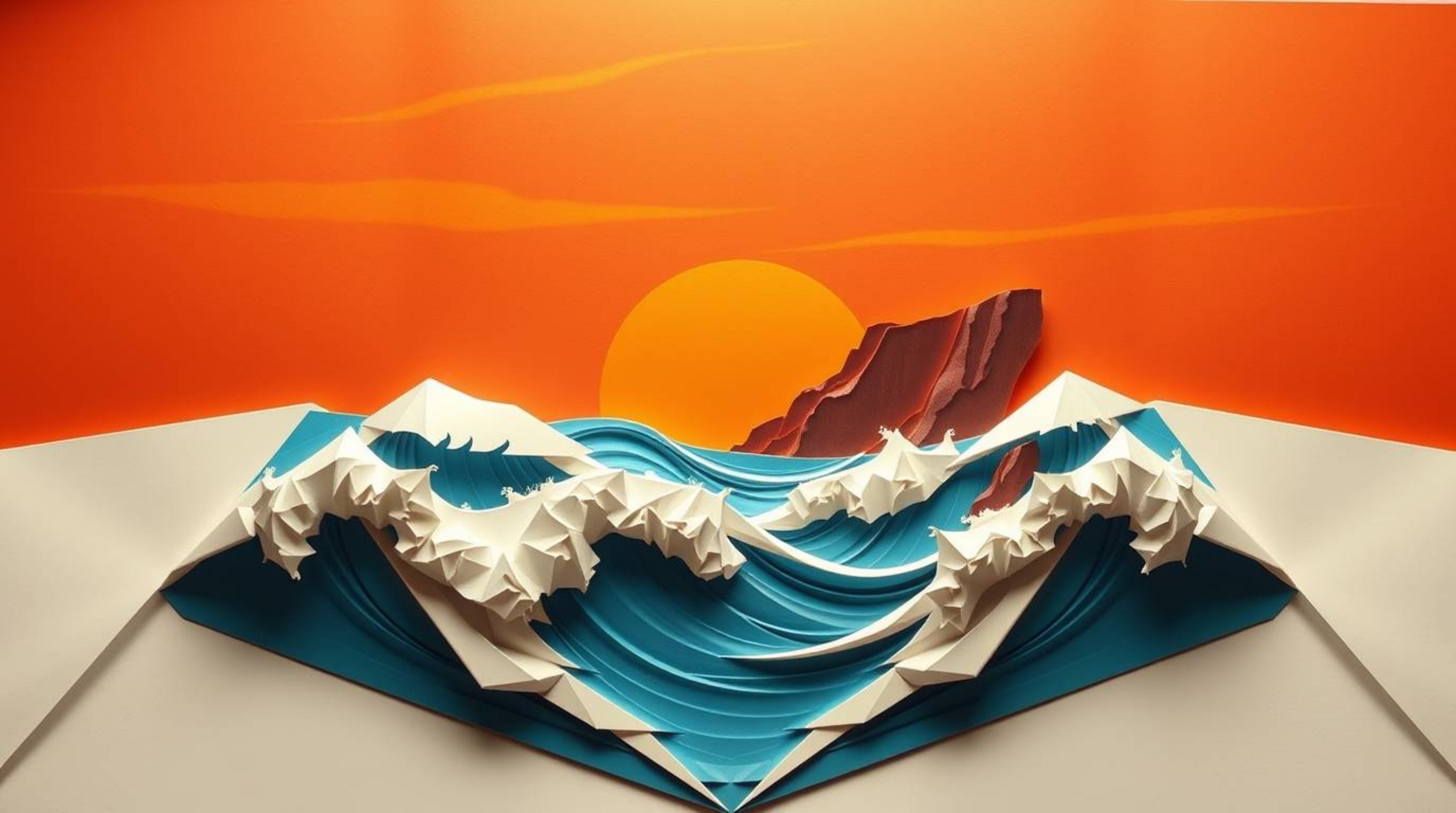 Explore stunning origami-style artwork depicting waves crashing on cliffs beneath a blazing sunset sky.  This piece features 