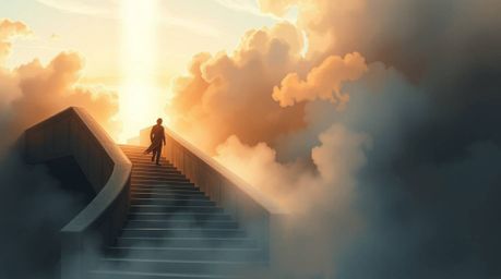 A delicate watercolor painting in a dramatic cinematic style depicts a lone figure ascending a stone staircase bathed in a di