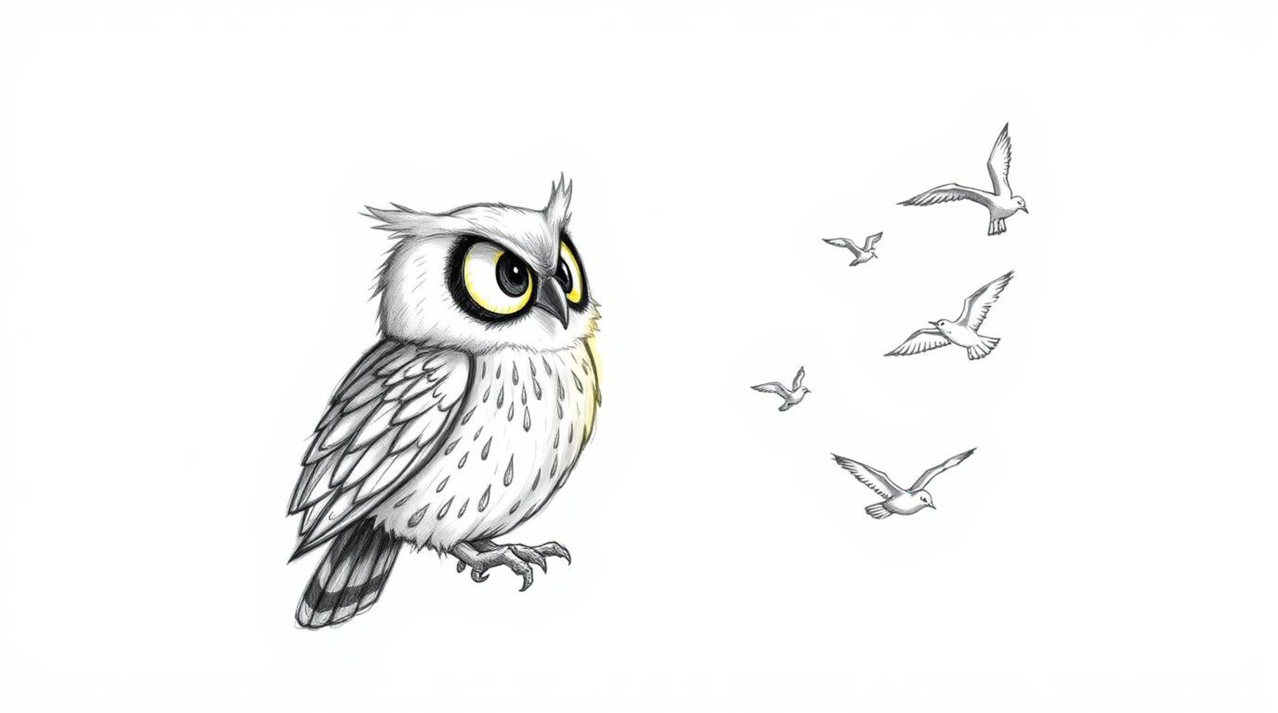 A heartwarming hand-drawn sketch depicts a blind owl, its feathers illuminated by a sunbeam, guiding birds as they learn to f