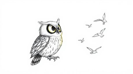 A heartwarming hand-drawn sketch depicts a blind owl, its feathers illuminated by a sunbeam, guiding birds as they learn to f