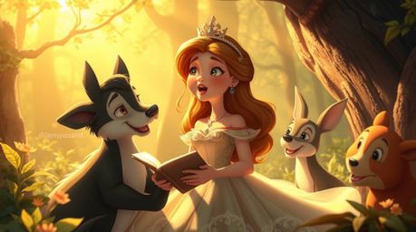 Immerse yourself in a radiant and luxurious scene featuring a princess singing with forest animals in a vintage 2D animation 