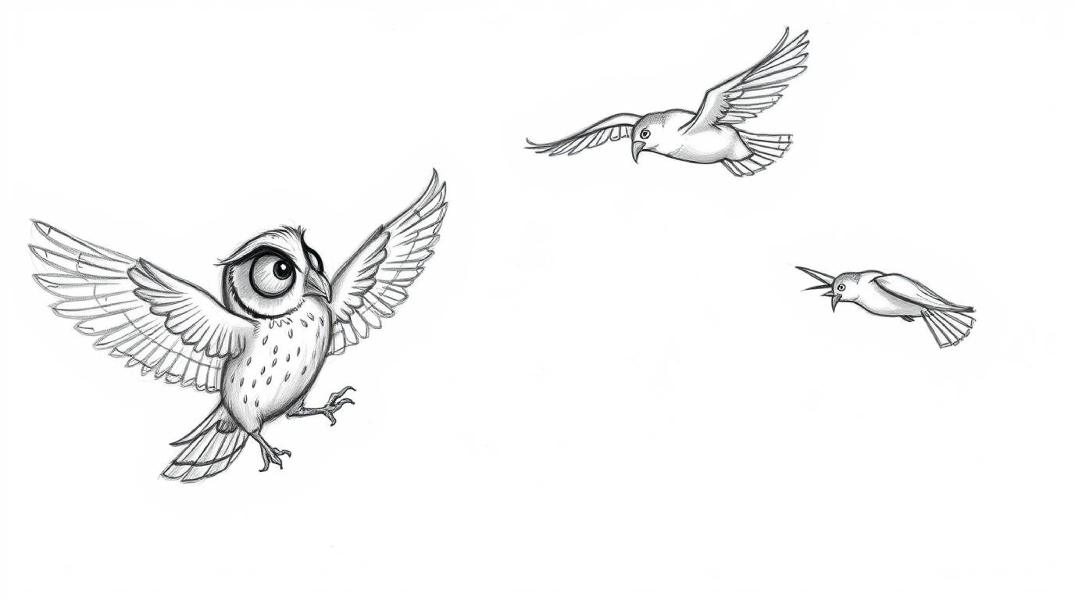 A charming hand-drawn sketch, reminiscent of Pixar animation, depicts a blind owl imparting flight techniques to a group of e