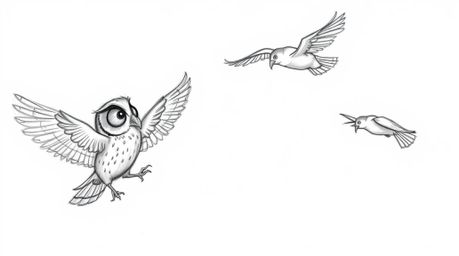 A charming hand-drawn sketch, reminiscent of Pixar animation, depicts a blind owl imparting flight techniques to a group of e