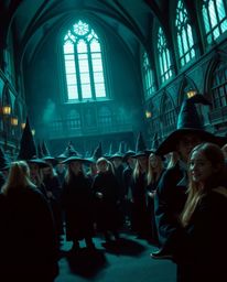 Experience a magical school brimming with young wizards, rendered in a dramatic cinematic style. Rich, deep teal tones create
