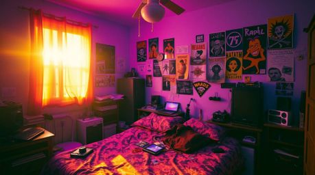 A vibrant and unusual bedroom scene featuring a messy space filled with strange gadgets and posters, bathed in a captivating 
