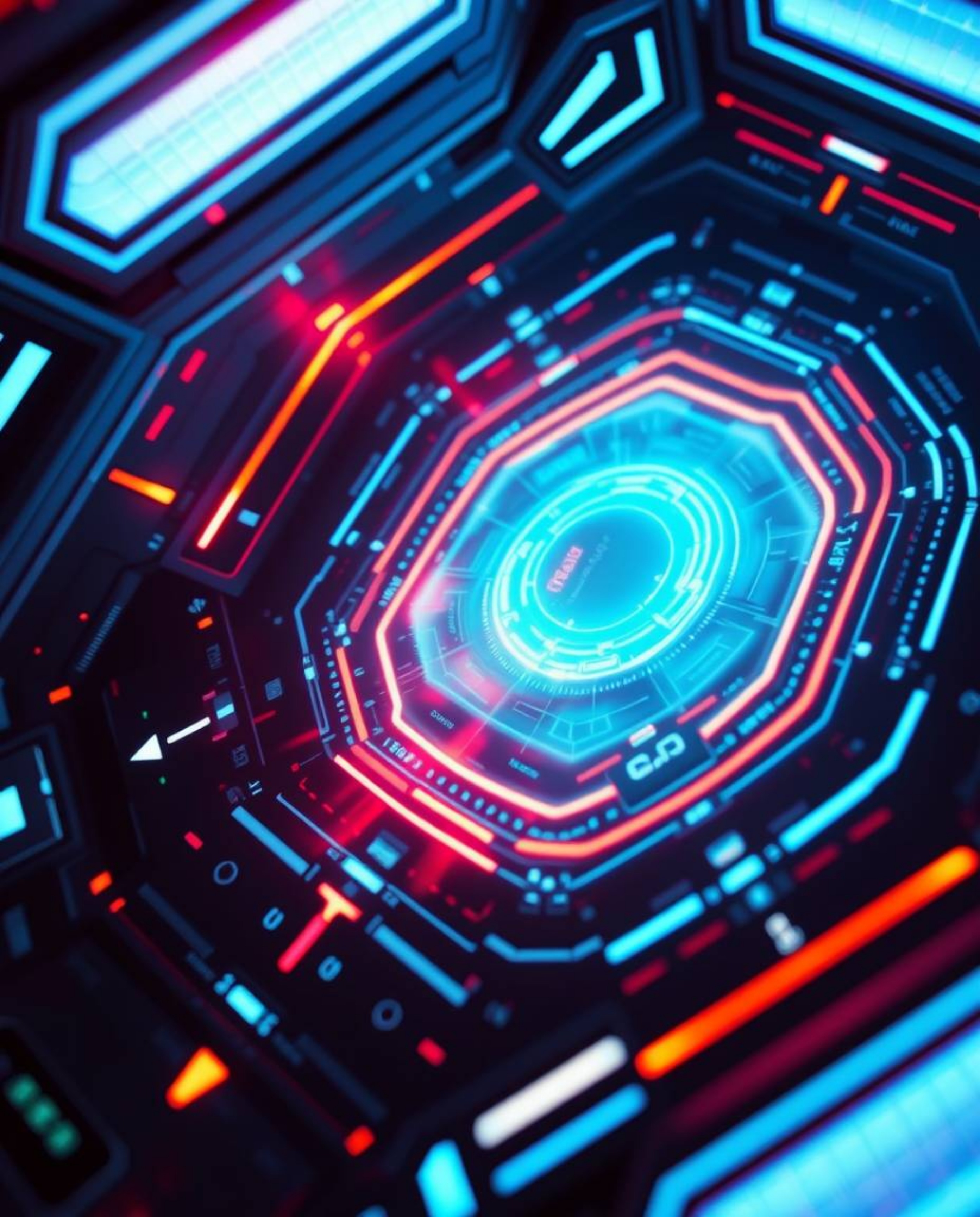 Immerse yourself in a low-angle perspective of a futuristic digital interface, showcasing intricate geometric patterns and a 