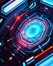 Immerse yourself in a low-angle perspective of a futuristic digital interface, showcasing intricate geometric patterns and a 