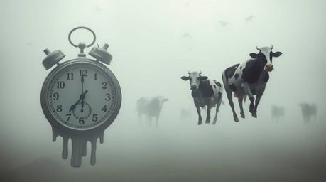 Explore a high-resolution stock photo showcasing a surreal dreamscape featuring melting clocks and floating cows amidst a thi