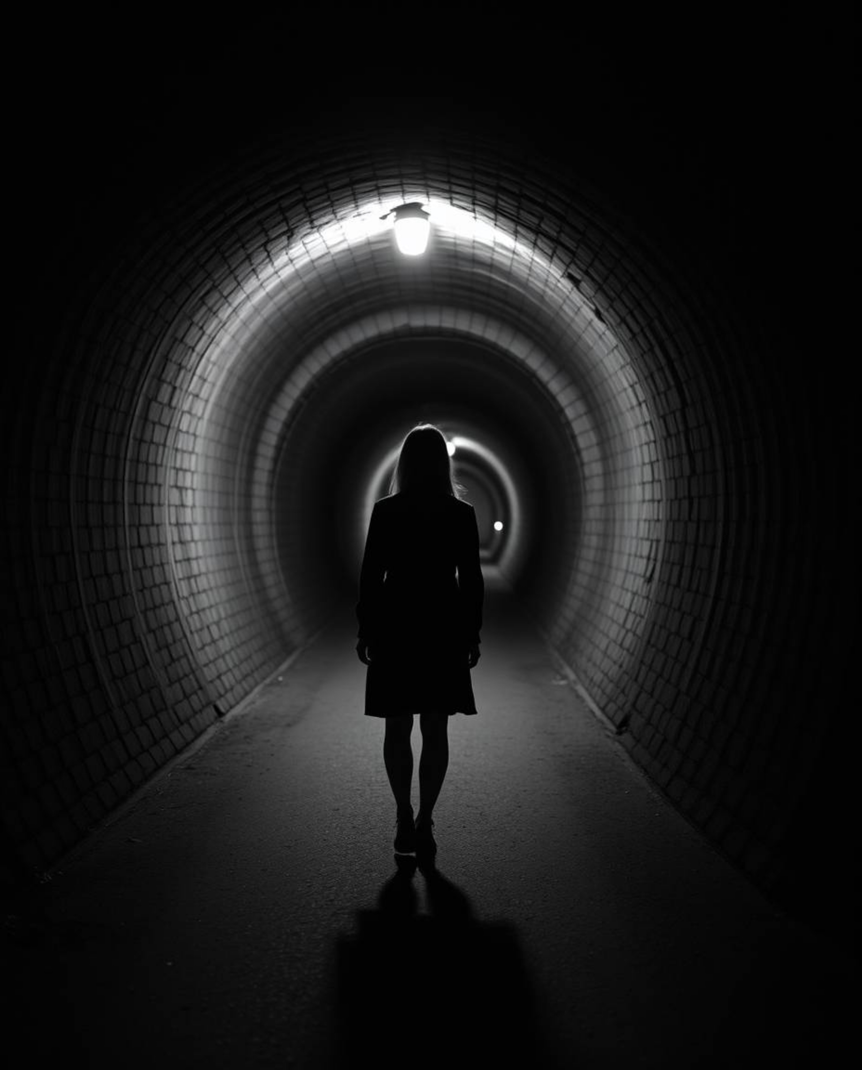A captivating black and white photograph depicts a person in a timeless pose standing at the edge of a tunnel, gazing towards