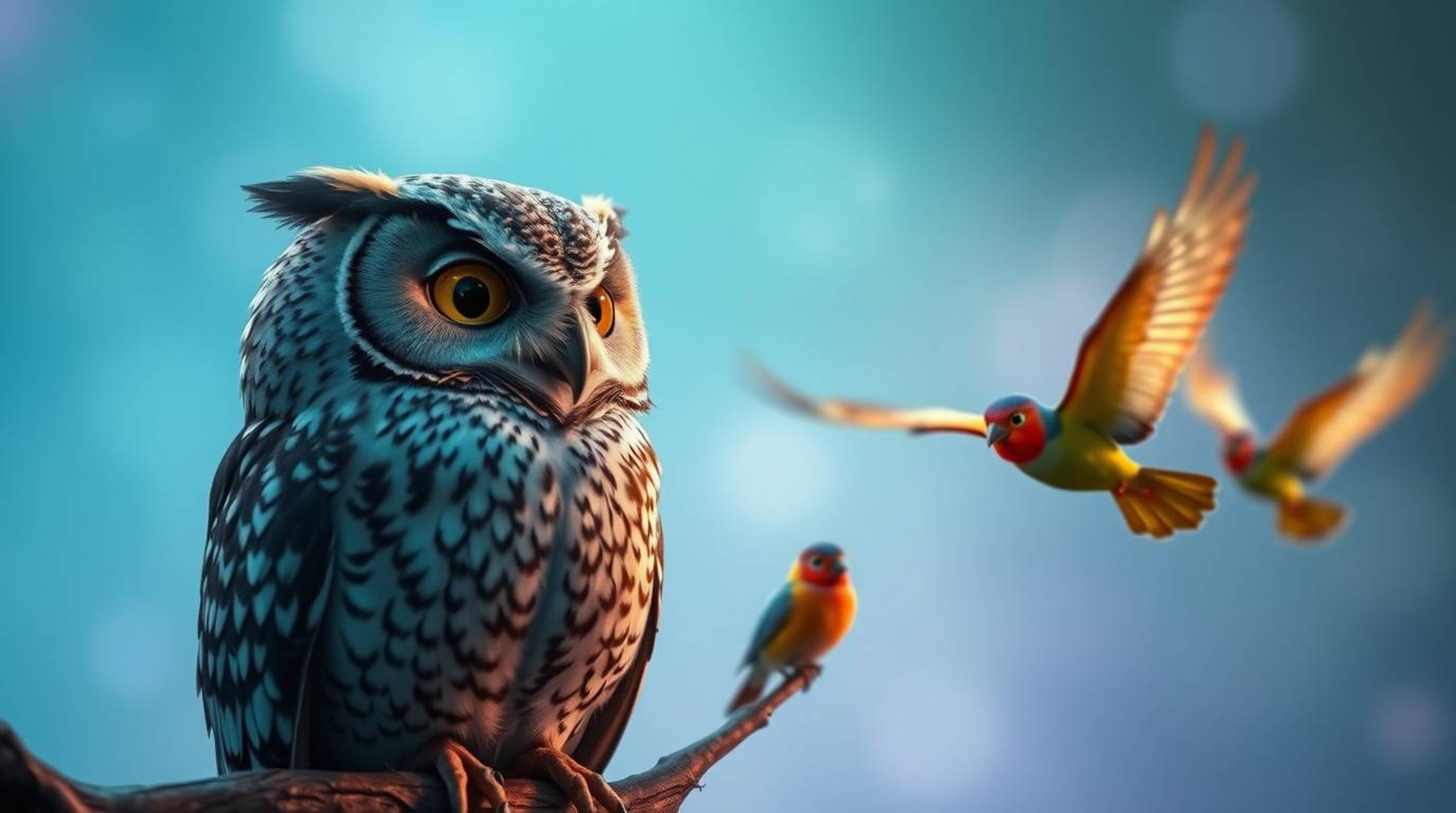 This photographic image captures a profound ethereal and spiritual ambiance. A wise, blind owl, rendered in a charming Pixar 