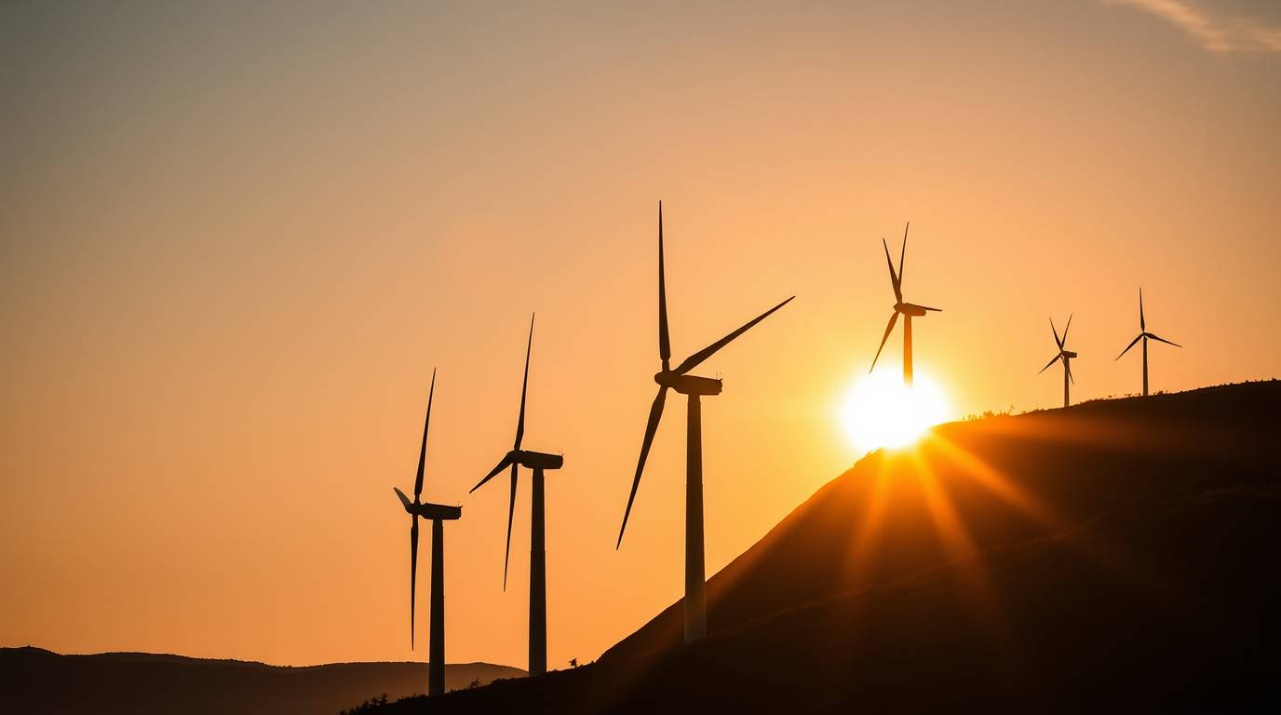 A captivating architectural color photograph featuring a low-angle view of wind turbines silhouetted against a vibrant sunset