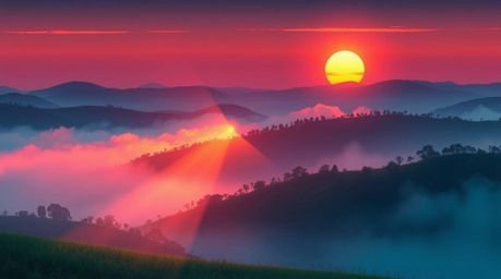 A captivating illustration showcasing adorable and charming fog-covered hills bathed in the warm glow of a breathtaking sunse