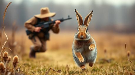 A professional fine art photograph captures a wacky rabbit outrunning a hunter in a slapstick style, reminiscent of Associate