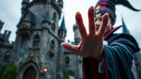 Witness an extreme macro close-up of a classic Disney villain's hand casting a spell within the aged walls of an old castle.