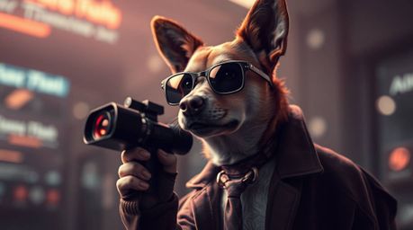 This surreal digital painting portrays a dog detective equipped with cutting-edge, high-tech gadgets, rendered in captivating