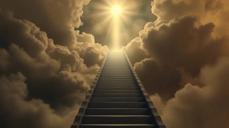 A captivating surreal artwork depicts a stairway gracefully ascending through smoky clouds towards a celestial light.  Render