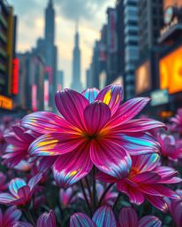 Discover breathtaking iridescent flowers blooming amidst the ruins of a post-apocalyptic city.  Elegant architectural feature