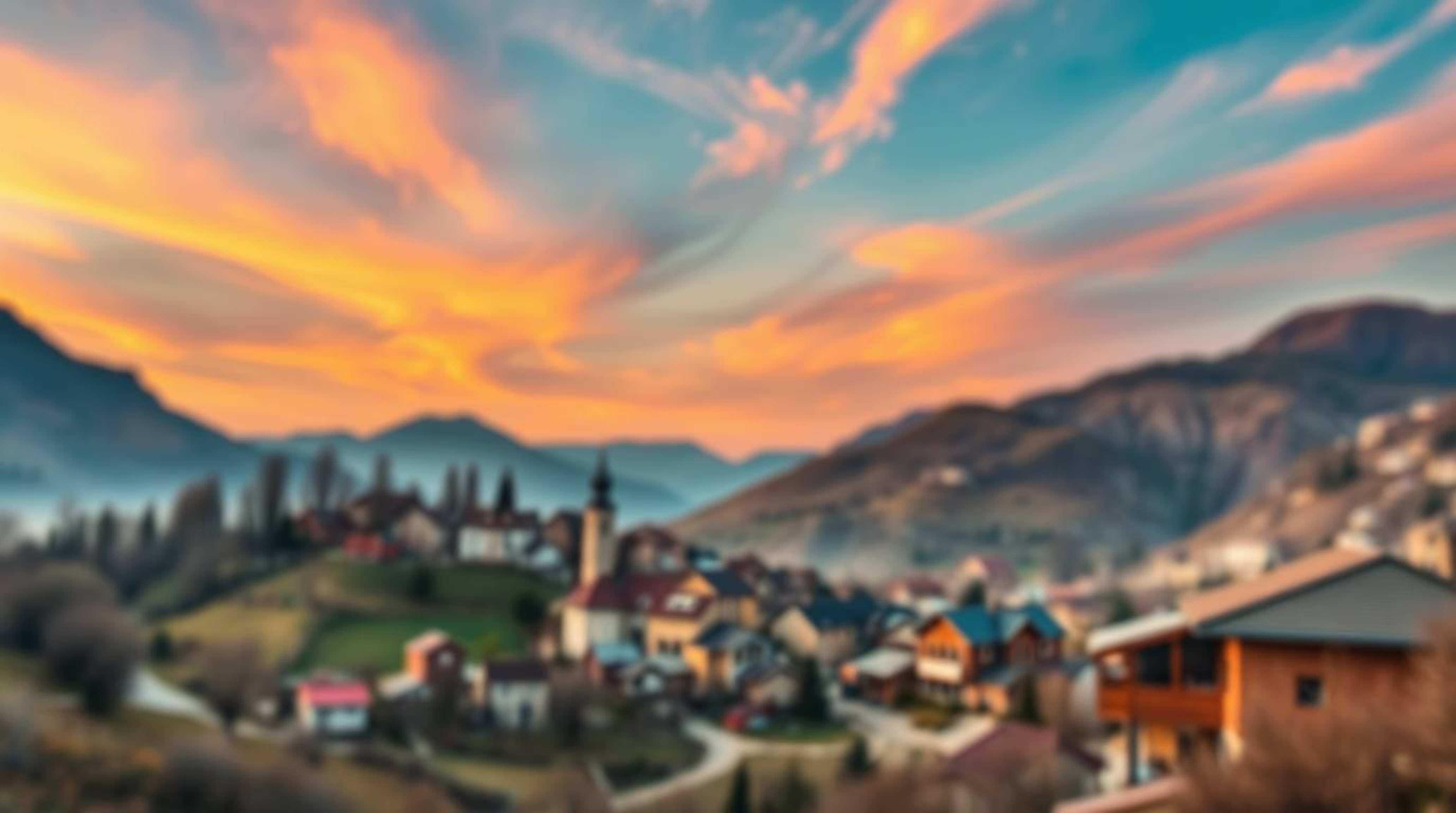 Discover a stunning high-resolution stock photo depicting a cozy village nestled in a picturesque valley under a vibrant, col