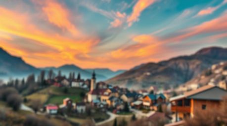 Discover a stunning high-resolution stock photo depicting a cozy village nestled in a picturesque valley under a vibrant, col
