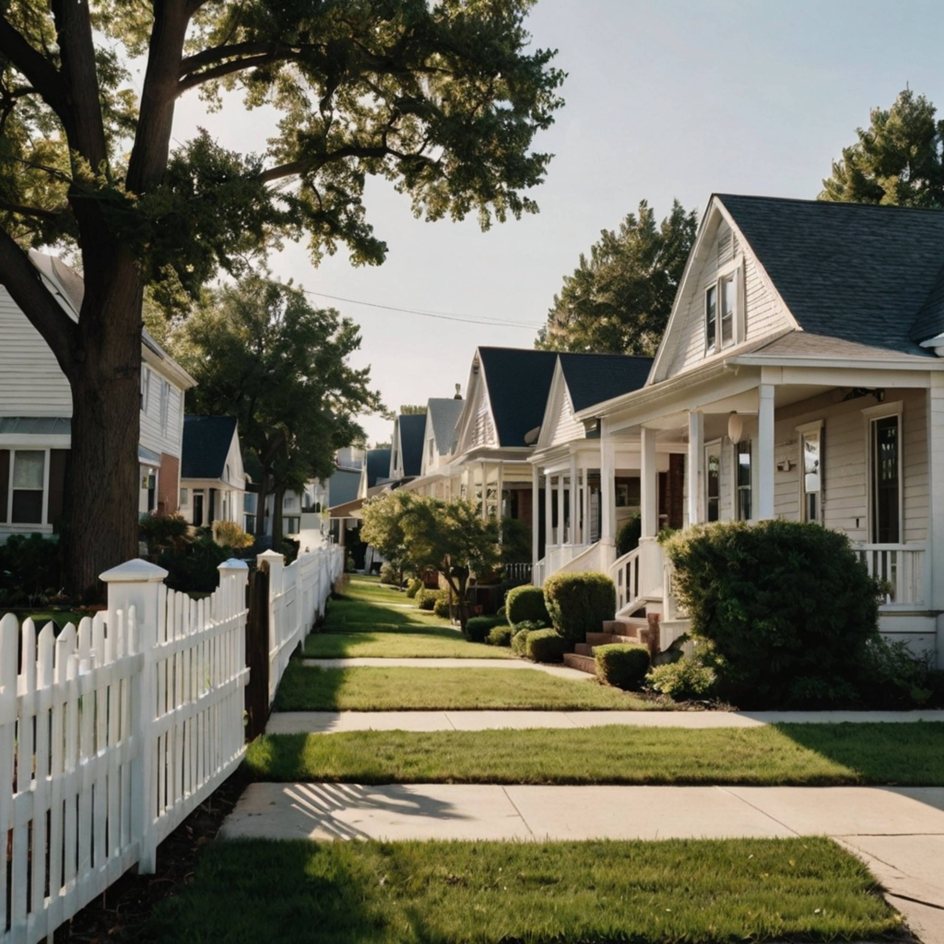 Explore the charm of a classic suburban neighborhood, characterized by its inviting tree-lined streets, quaint white picket f