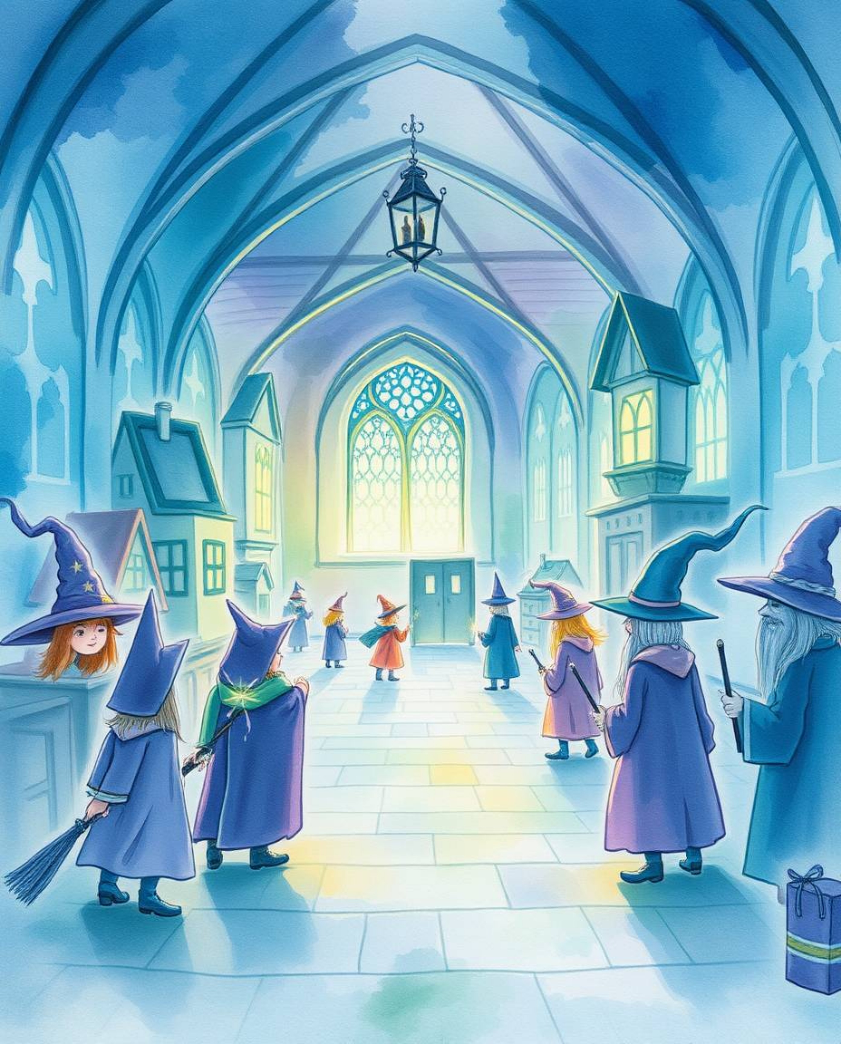 A captivating watercolor painting depicts a magical school brimming with young wizards. The artwork features a cool color pa