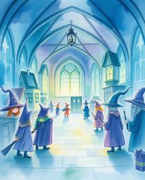 A captivating watercolor painting depicts a magical school brimming with young wizards. The artwork features a cool color pa
