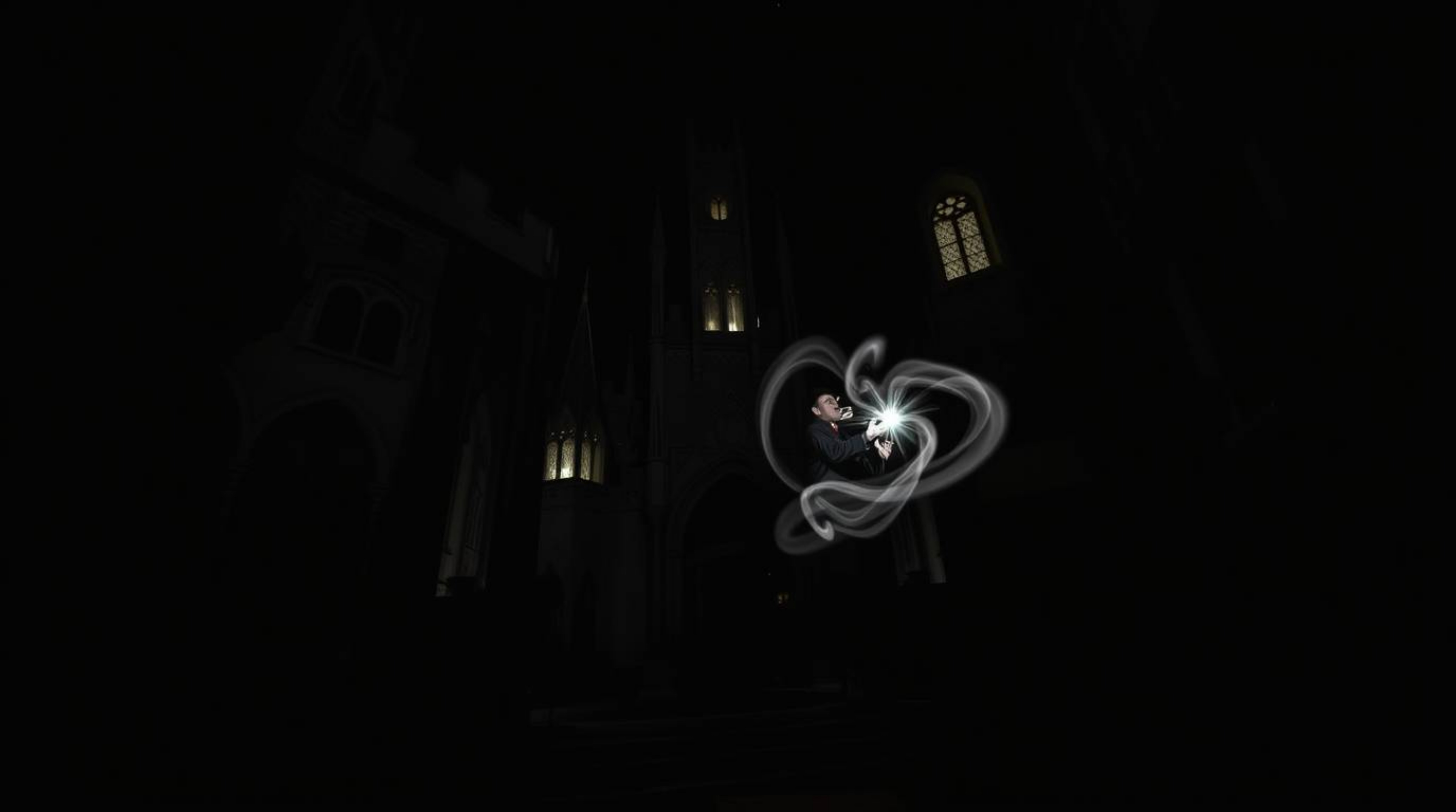 A captivating long exposure photograph depicts a classic Disney villain casting a spell within an ancient castle.  Intense je