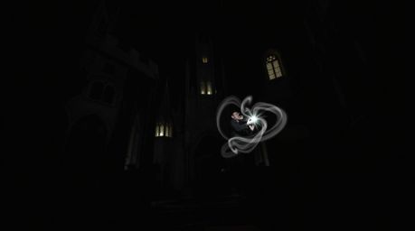 A captivating long exposure photograph depicts a classic Disney villain casting a spell within an ancient castle. Intense je