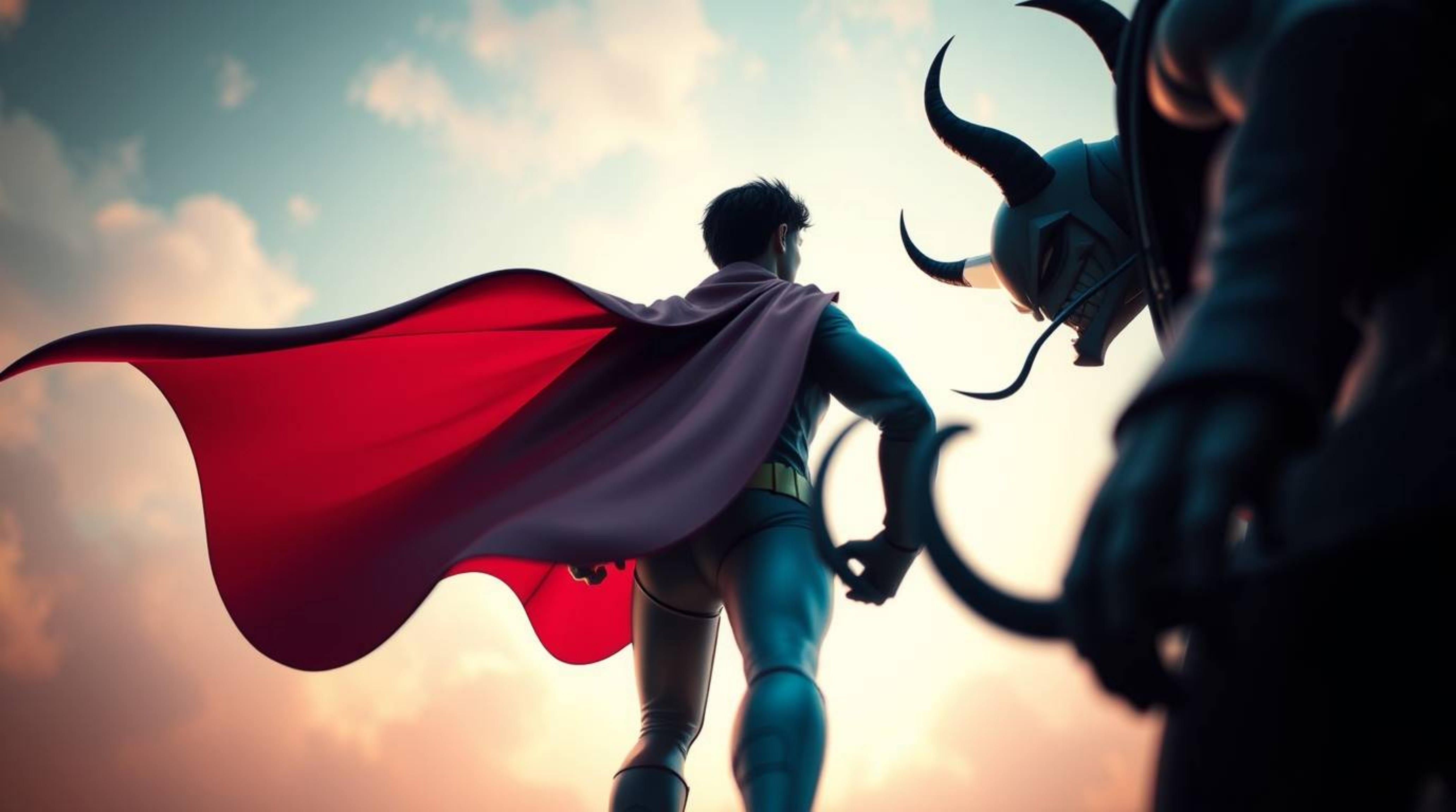 A whimsical illustration depicts a superhero, their cape billowing dramatically, confronting a comical villain.  Soft pastel 