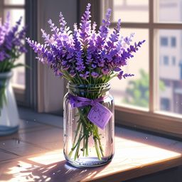 Capture the serene beauty of a lavender bouquet nestled in a vintage glass jar, bathed in the soft glow of natural light on a