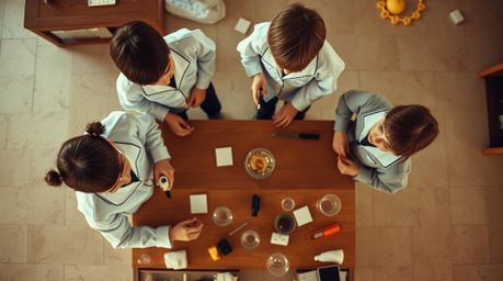 A captivating overhead shot captures a group of quirky children in school uniforms engrossed in a series of science experimen