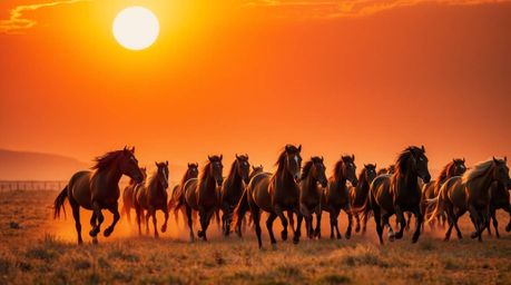 A captivating photograph showcasing a herd of wild horses galloping freely beneath a radiant sky. Bathed in the warm, gentle 