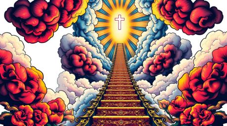 This artwork depicts a traditional tattoo style print showcasing a golden staircase ascending through fluffy clouds towards a