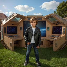 A captivating high-fashion photography depicts a boy with curious brown eyes, wearing a sleek black leather jacket, triumphan