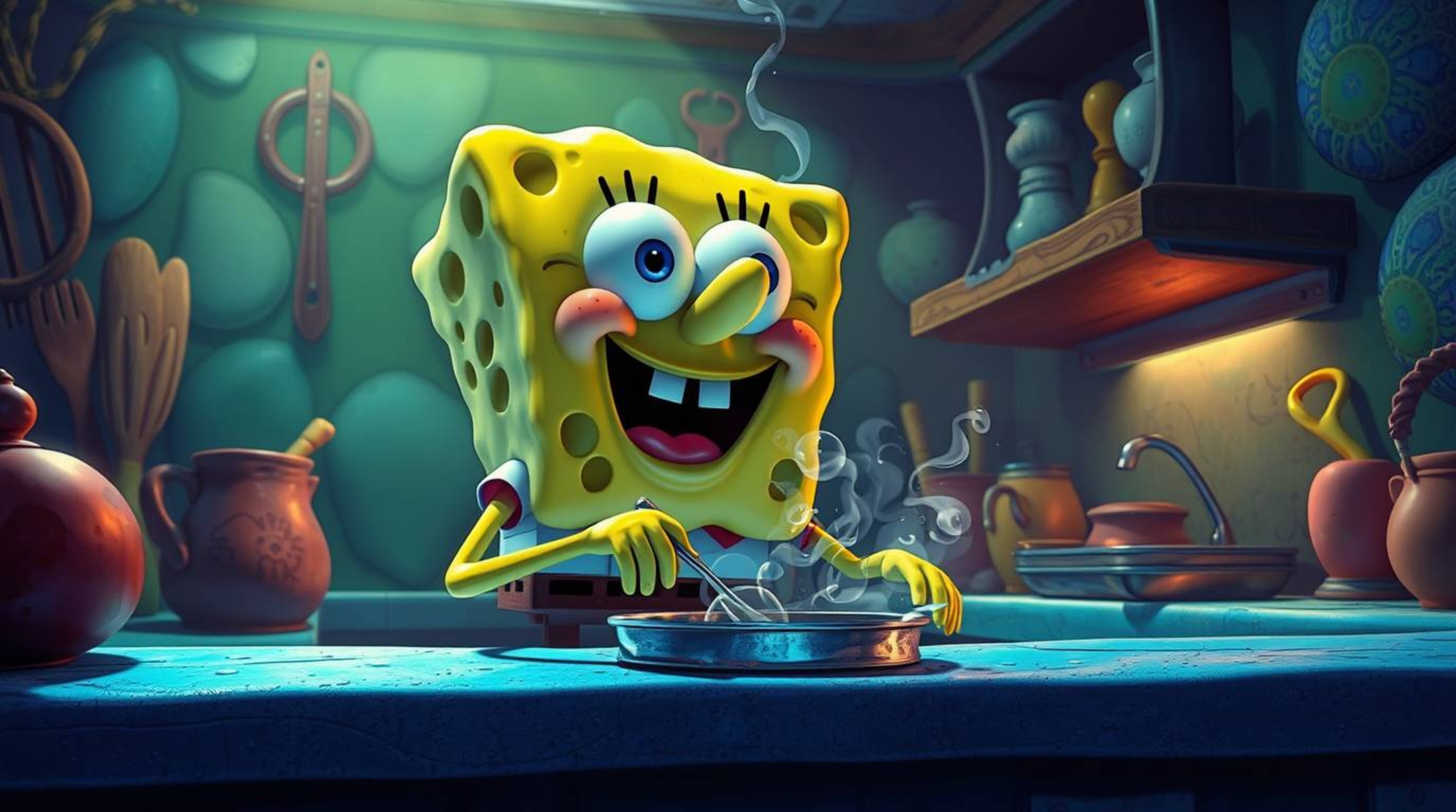 A vibrant sponge character passionately cooks in a stunning underwater kitchen.  Intense, dramatic lighting with contrasting 