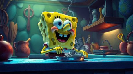 A vibrant sponge character passionately cooks in a stunning underwater kitchen.  Intense, dramatic lighting with contrasting 