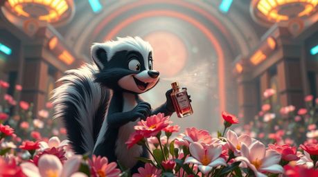 A high-resolution stock photo features a cartoon skunk in a grand, epic scene, spraying perfume onto flowers. The image incor