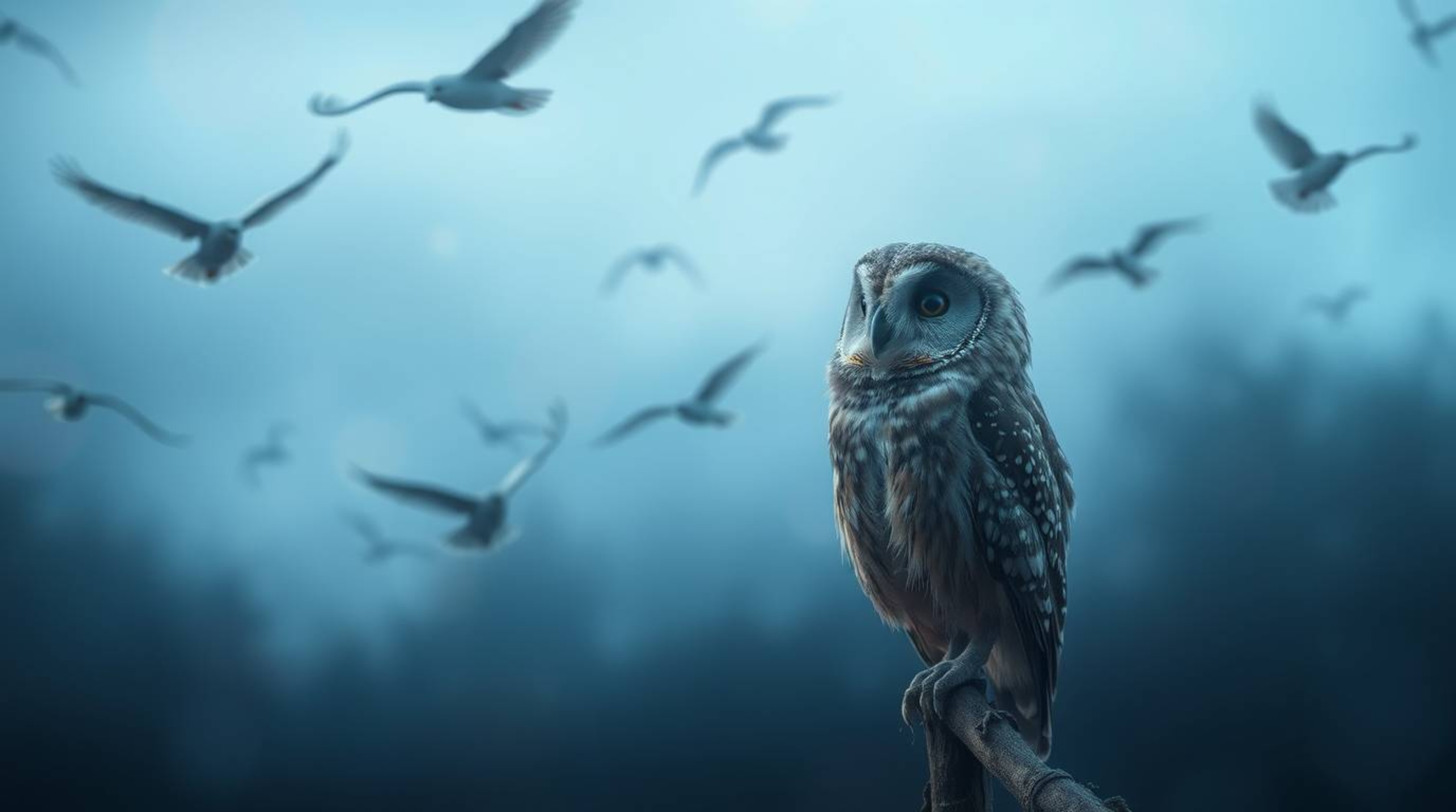 In a Pixar-style image, a long exposure captures a blind owl with soft, brown feathers, proudly overseeing birds in flight. T
