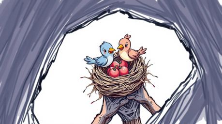 A charming hand-drawn sketch in a classic animation style depicts two cartoon birds collaboratively building a nest. The hig