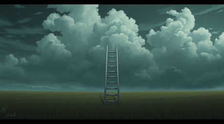 A minimalist illustration depicts a silver ladder standing alone in a wide open field beneath a cloudy sky. This moody, low-c