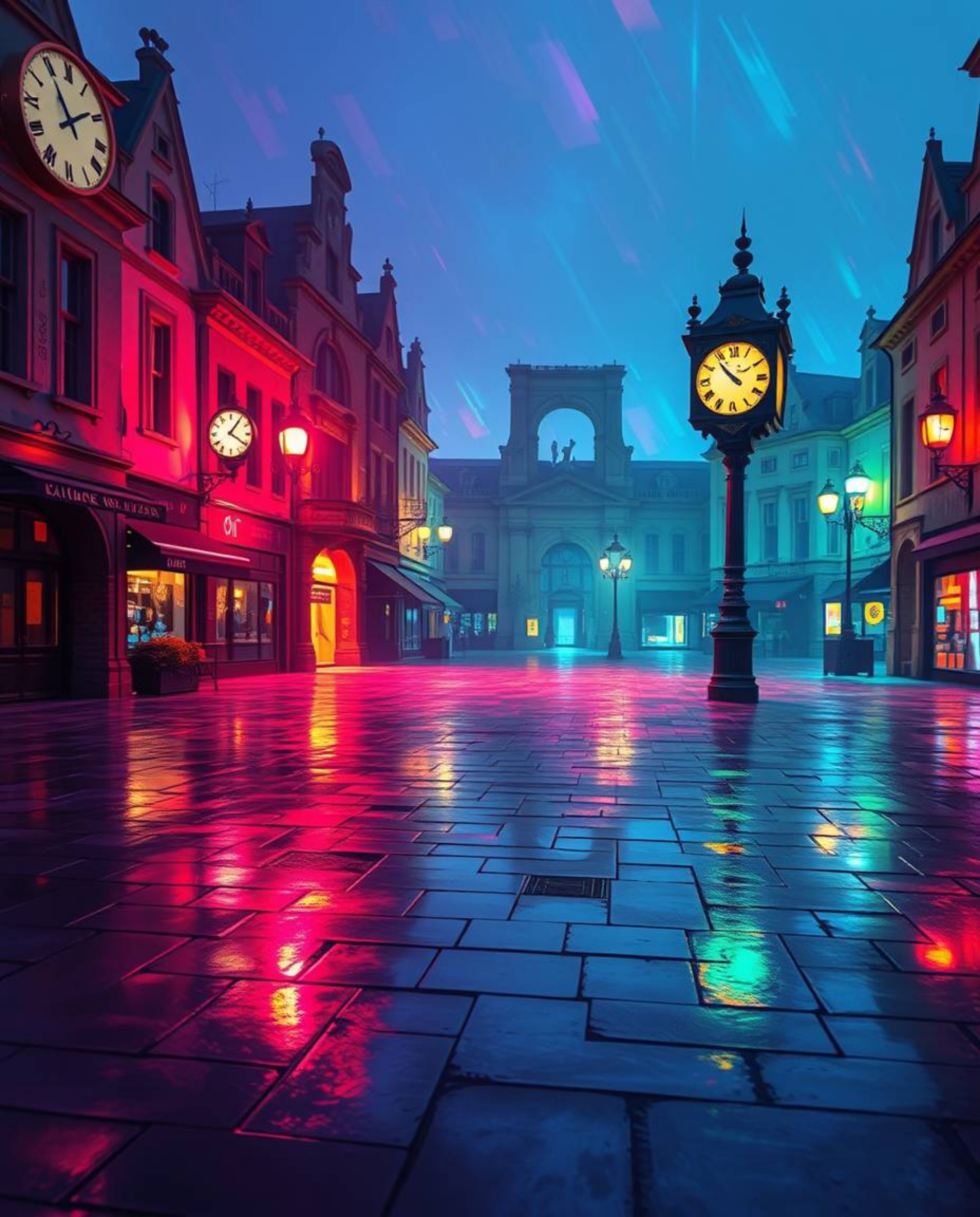 This abstract digital artwork showcases an empty town square filled with ticking clocks.  Creative lighting and iridescent co