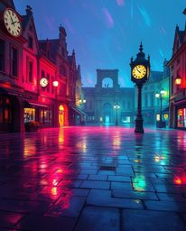 This abstract digital artwork showcases an empty town square filled with ticking clocks.  Creative lighting and iridescent co