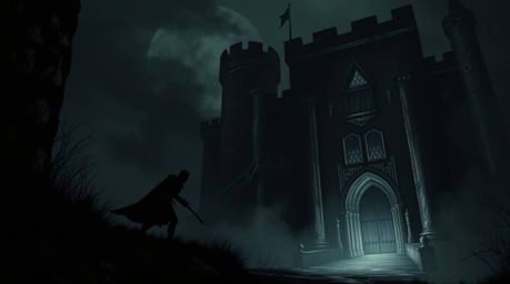 A thief infiltrates a heavily guarded castle, depicted in high contrast with low-key lighting to create deep shadows and dram