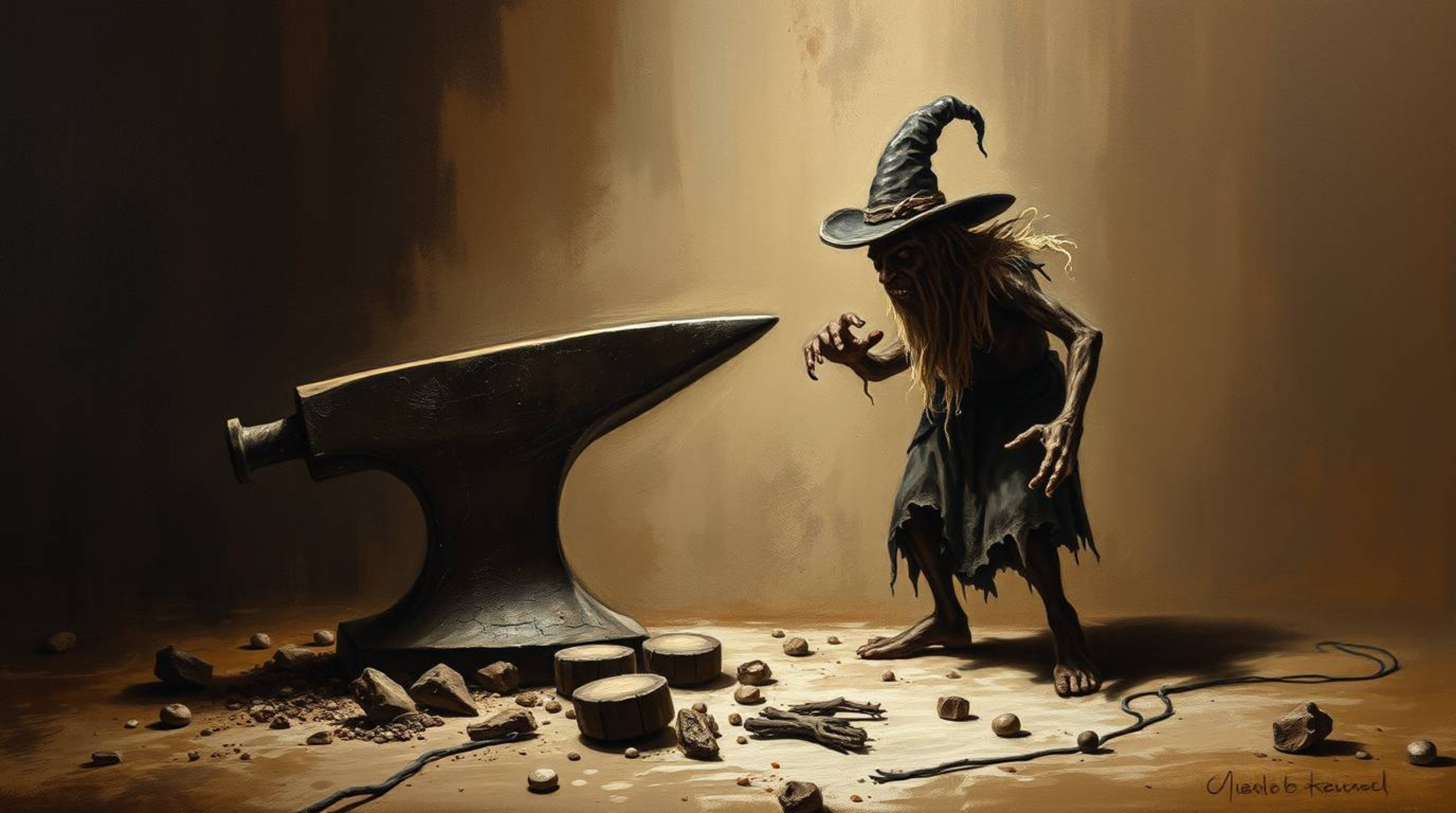 This striking chiaroscuro oil painting depicts a perilous scene: an anvil poised to strike a mischievous trickster. Rendered 