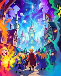 A lively and energetic illustration depicts a magical school brimming with young wizards.  Rendered in bright, vibrant colors