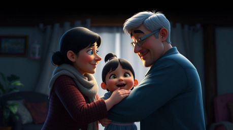 Capture the heartwarming essence of a family reunion with this high-resolution stock photo rendered in a charming Pixar style