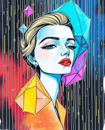 A captivating hand-drawn color sketchnote showcases graceful, elegant, and refined glitched geometric shapes floating within 