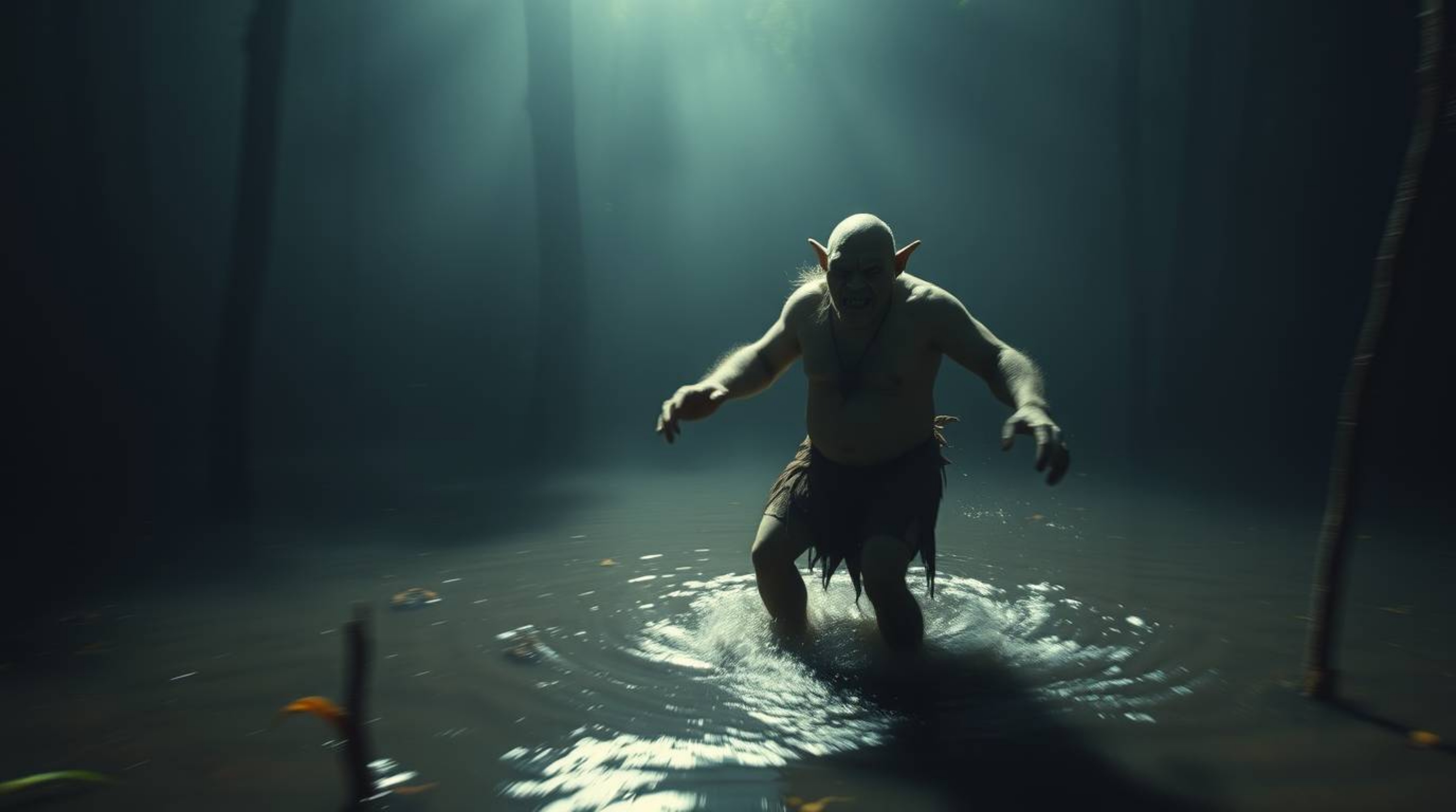 A captivating film-like long exposure photograph captures an ogre dancing within a swamp, bathed in dramatic cinematic lighti