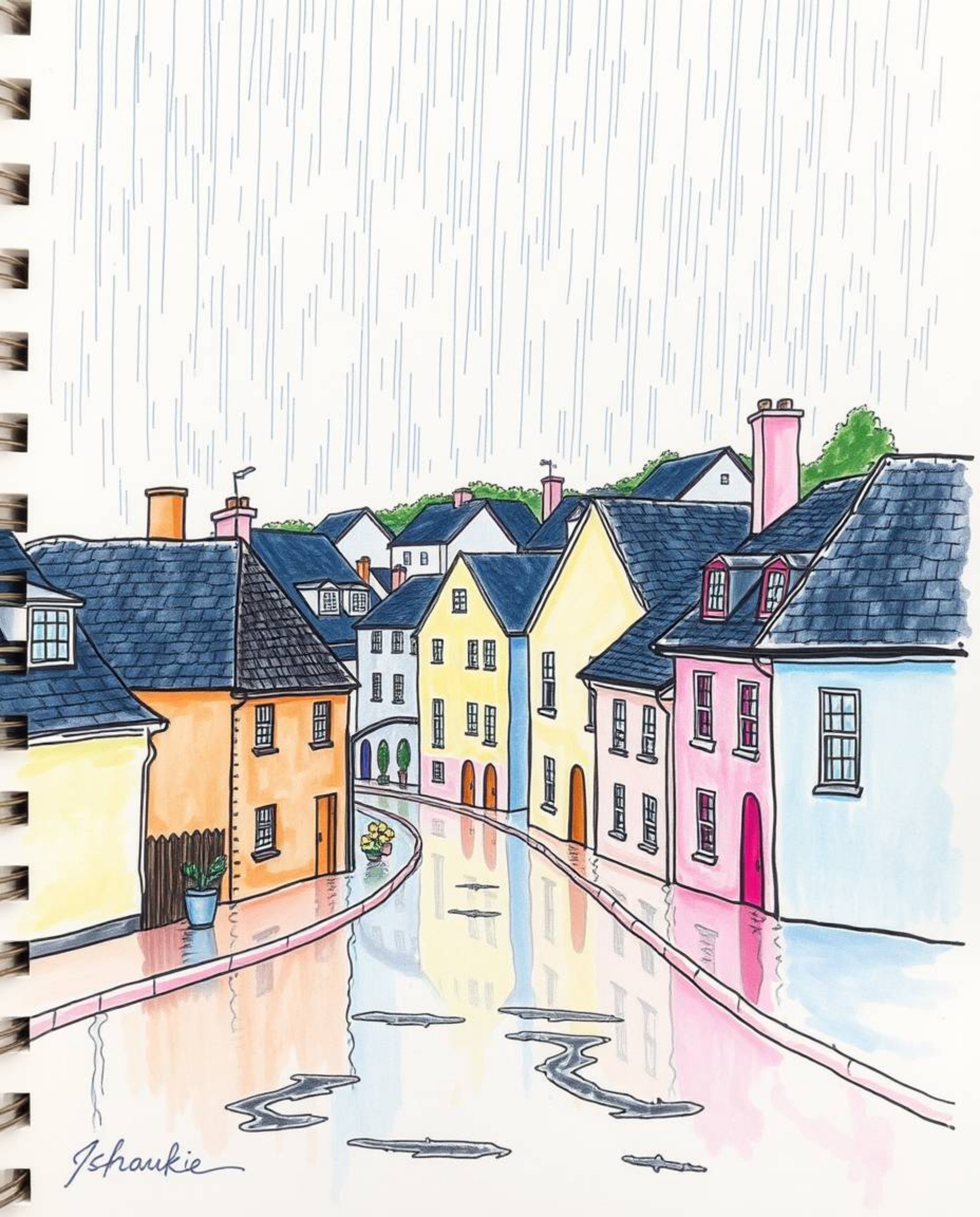 This artwork features a hand-drawn color sketchnote of a sleepy town, rendered in a charming watercolor style. The scene depi