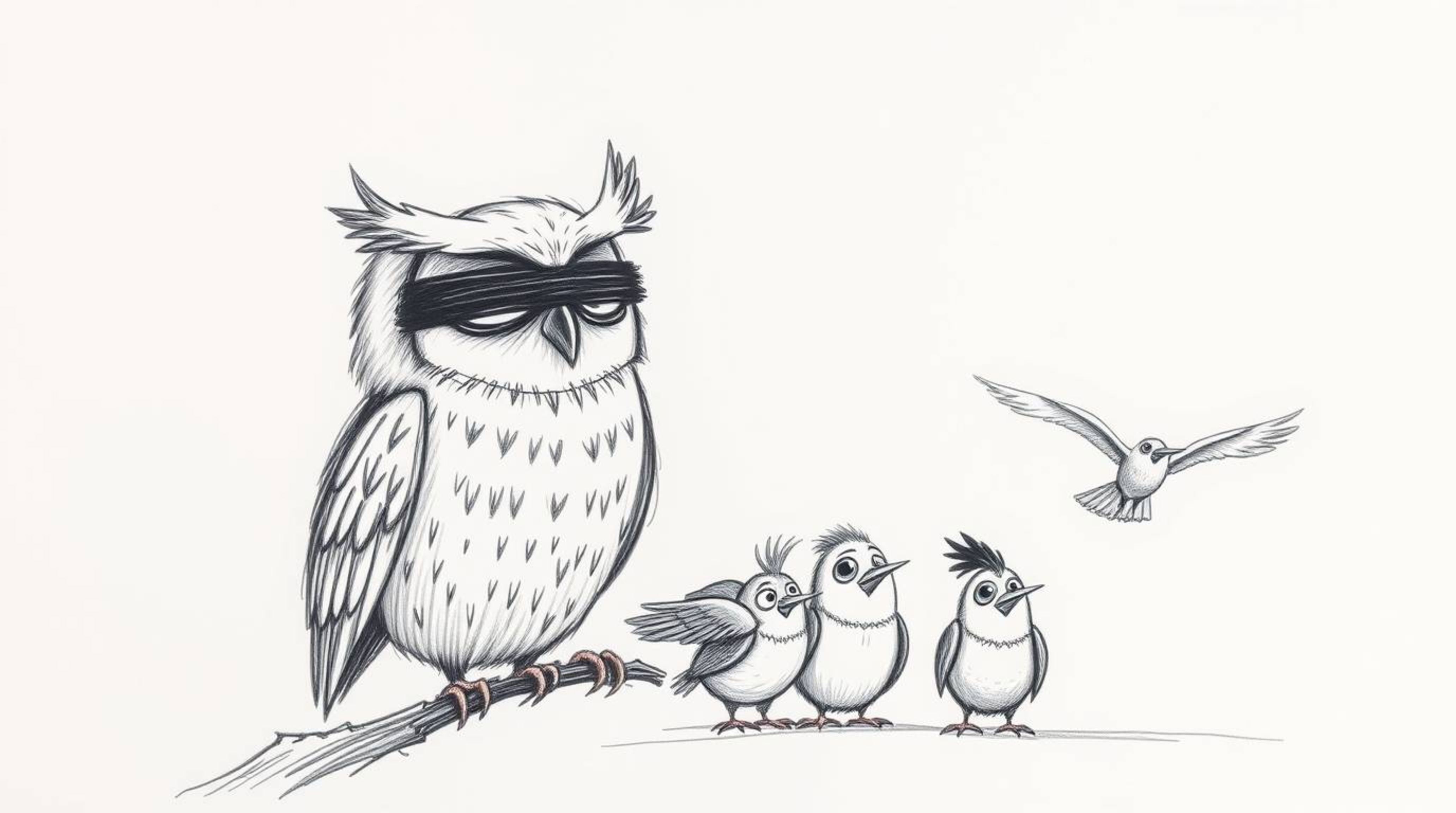 A heartwarming hand-drawn illustration depicts a blind owl, in the style of Pixar, patiently teaching a diverse group of bird